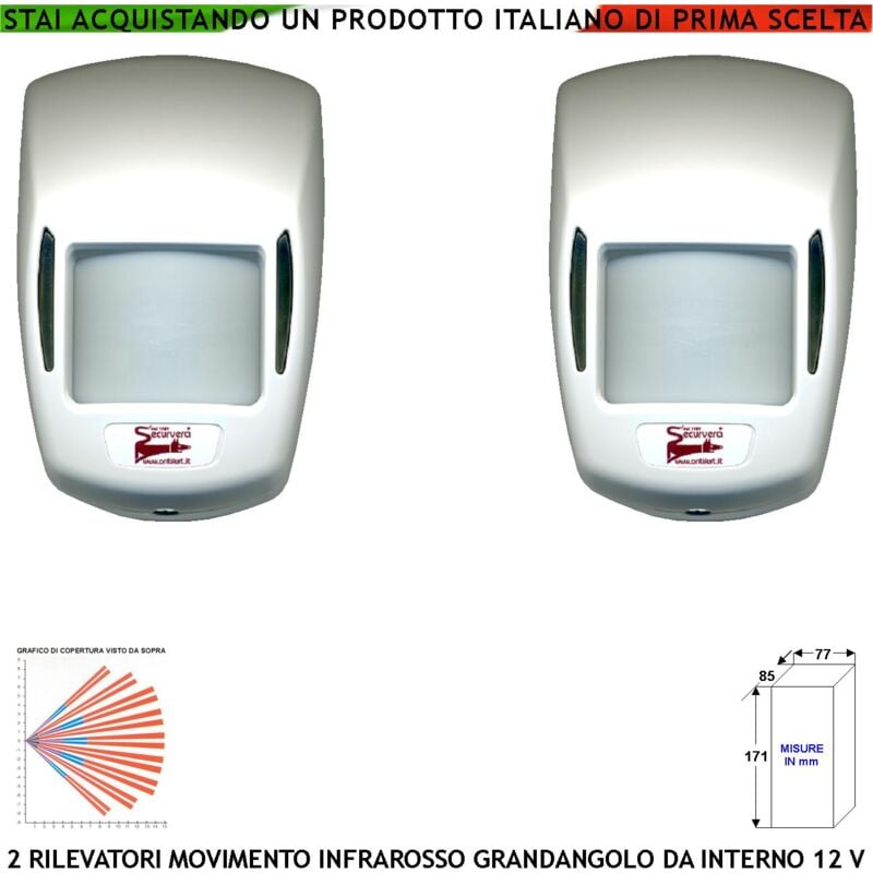 foto del prodotto infrarosso sensore di movimento grandangolo 2 pezzi per antifurto portata 15 mt da interno rileva intruso entro 90 gradi alimentazione 12 v assorb.
