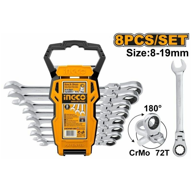 immagine 0 del prodotto ingco 8 chiavi a snodo combinate con cricchetto e fisse da 8 10 12 13 14 15 17 19 mm
