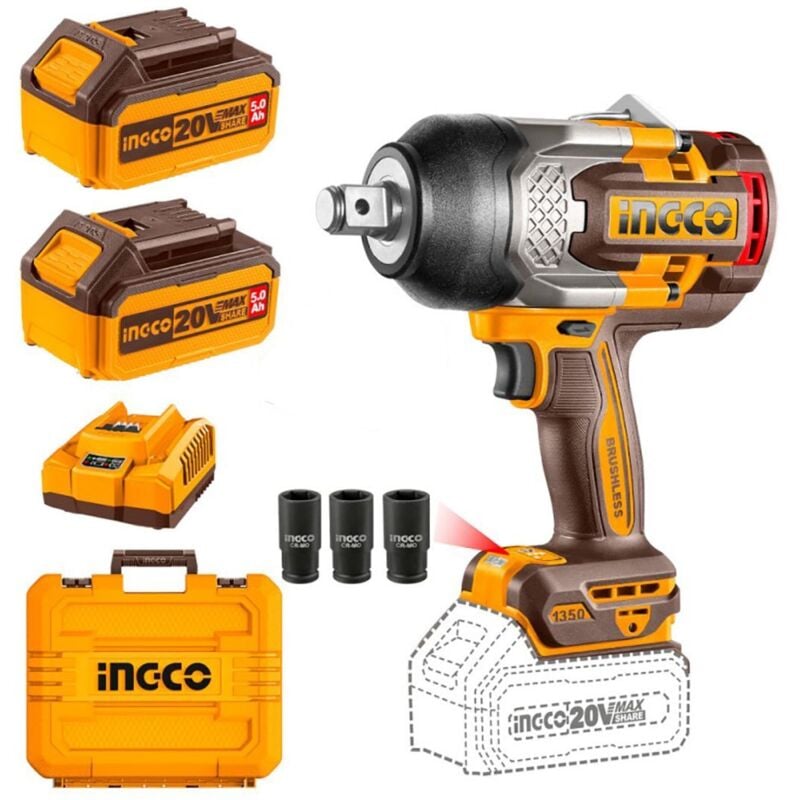 foto del prodotto ingco avvitatore a impulsi a batteria 20 v 3 4 1350 nm 2 batterie 5ah brushless