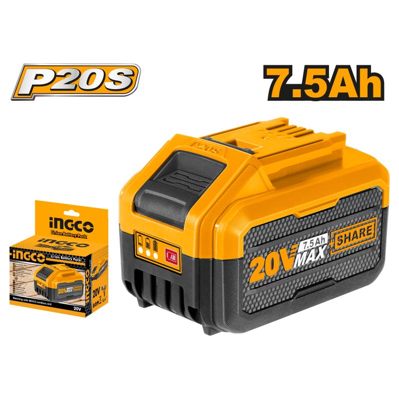foto del prodotto ingco batteria al litio 20 v per alimentazione elettroutensili utensili attrezzi elettrici 7.5 ah