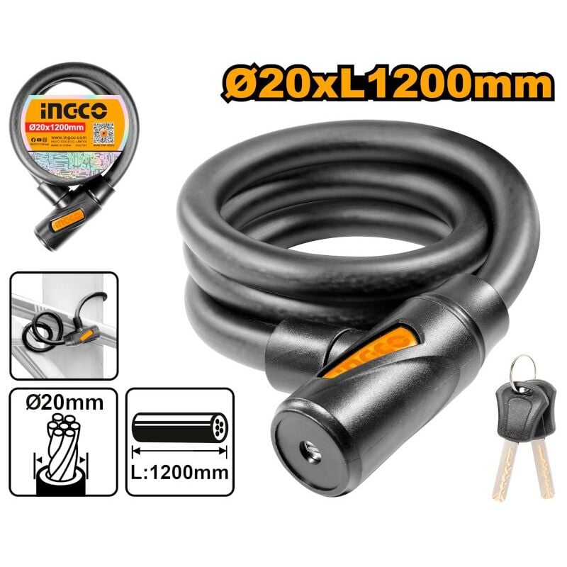 foto del prodotto ingco cavo antifurto moto bike scooter in guaina e lucchetto 2,0x100 cm. con 2 chiavi