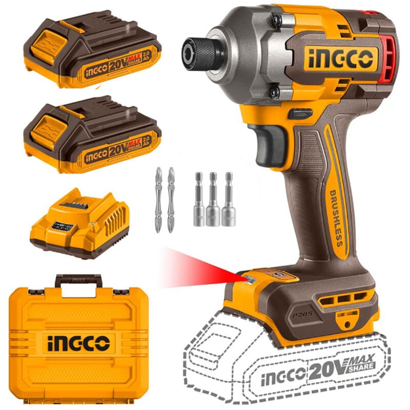 foto del prodotto ingco cirli2028e avvitatore a impulsi a batteria 20 v 285 nm 1 4 con 2 batterie 2 ah in valigetta