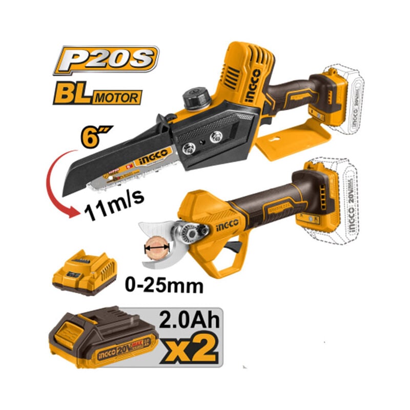 foto del prodotto ingco cosli240306e elettrosega e forbici da pota a batteria 20 v set con 2 batterie 2 ah
