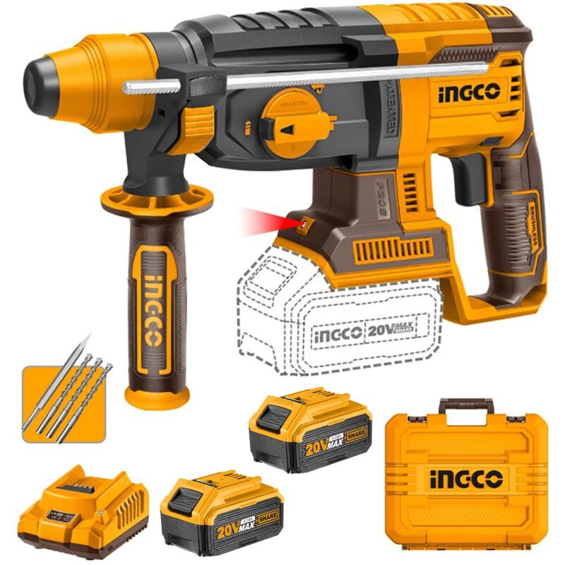 foto del prodotto ingco crhli202287 tassellatore demolitore a batteria 20v 2 batterie 4 ah caricabatterie valigetta