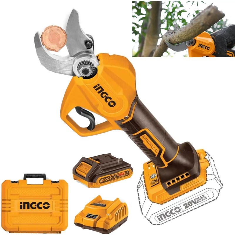 foto del prodotto ingco cssli203083 forbice a batteria da potatura 20 v 2 ah brushless 0 30 mm completa cesoia da pota