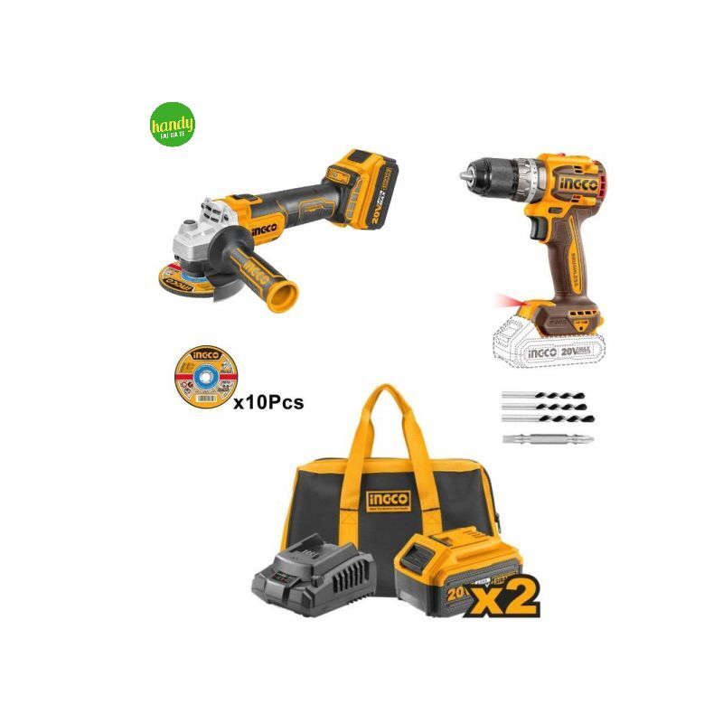 foto del prodotto ingco kit trapano a percussione smerigliatrice angolare 2 batterie borsa