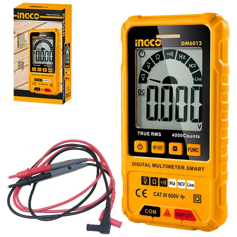 foto del prodotto ingco multimetro digitale tester con cavi e puntali inclusi cat. iii 600v dm6012