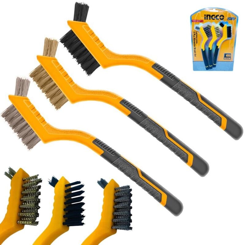 foto del prodotto ingco - set 3 mini spazzole nylon ottone in filo di acciaio inox pulizia 180 mm 7'