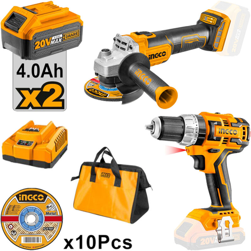 foto del prodotto ingco set brushless trapano e smerigliatrice 20v, 2 batterie 4.0ah, caricatore