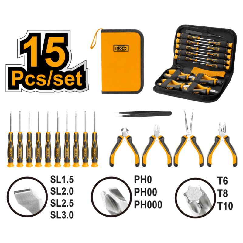 foto del prodotto ingco set cacciaviti pinze di precisione professionali 15 pz in astuccio di tela