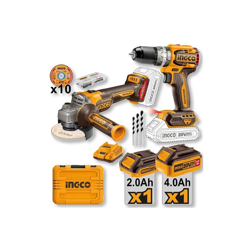 foto del prodotto ingco set trapano e smerigliatrice con 2 batterie