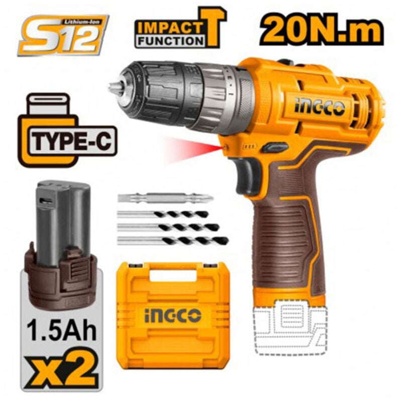 foto del prodotto ingco trapano a percussione a batteria 12 v 2x1.5 ah cidli12202e