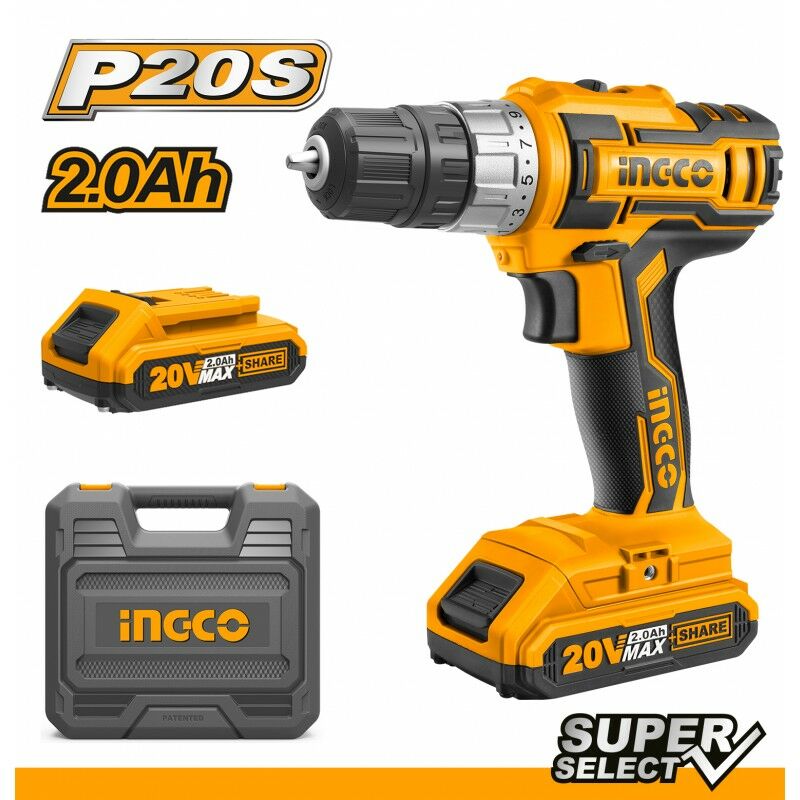 foto del prodotto ingco trapano avvitatore 45nm 20v con 2 batterie valigetta cdli200215