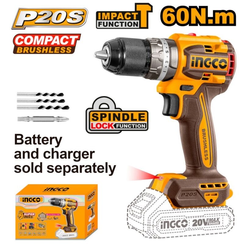 foto del prodotto ingco trapano avvitatore a percussione nudo brushless 20v a batteria cidli206021