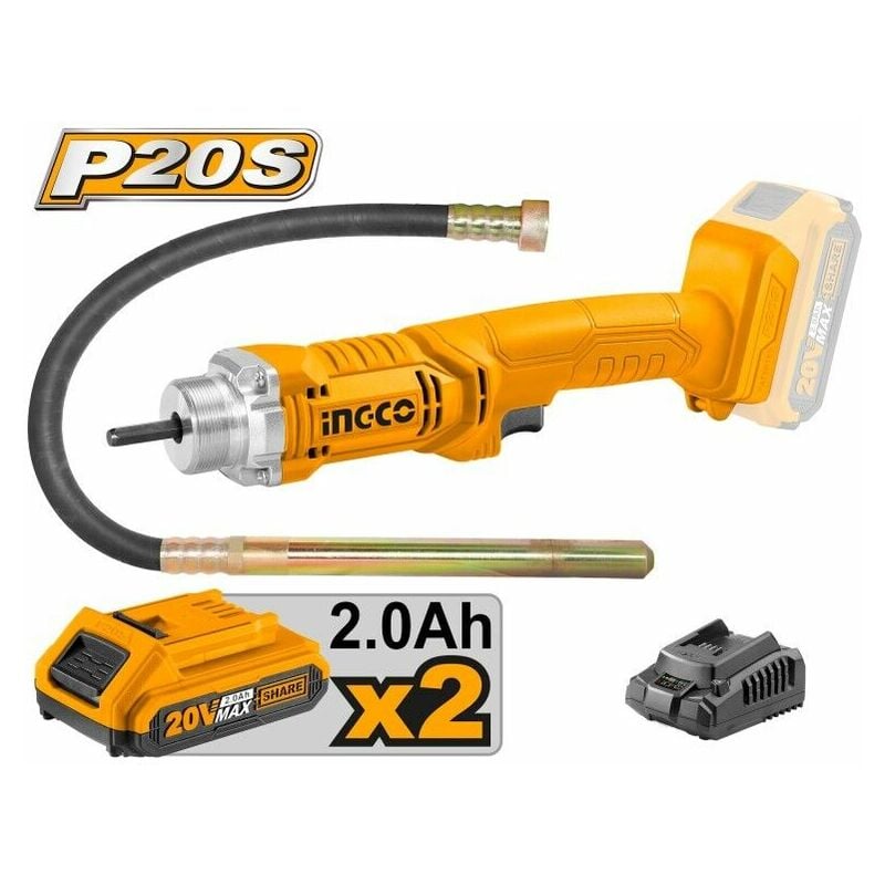 foto del prodotto ingco vibratore per calcestruzzo a batteria 2 batterie 20v 2ah caricabatterie