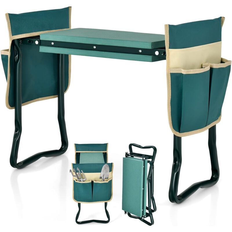 foto del prodotto inginocchiatoio per giardinaggio, design 2 in 1, con tasche portaoggetti, panchina pieghevole con cuscino morbido e gambe stabili in metallo, 58 x