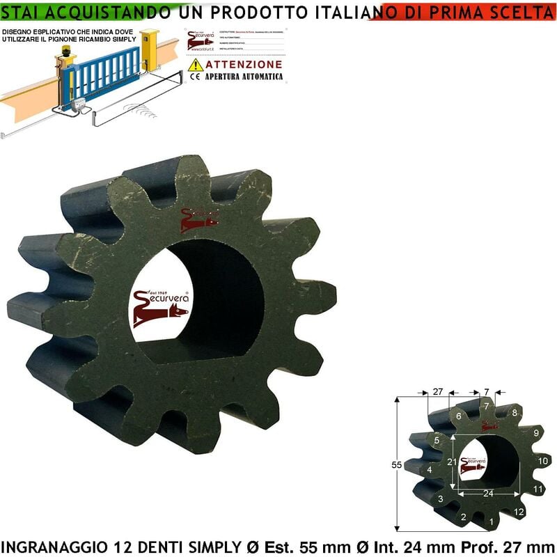 foto del prodotto ingranaggio esterno 12 denti ricambio motore per cremagliera universale m4 cancello scorrevole pignone in acciaio z12 simply 48 codice 100902 geko 38