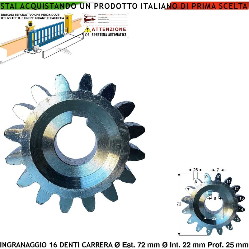 foto del prodotto ingranaggio esterno 16 denti per cremagliera cancello scorrevole universale m4 in acciaio ricambio motore carrera 113000 1 ex 72 mm foro 22 mm
