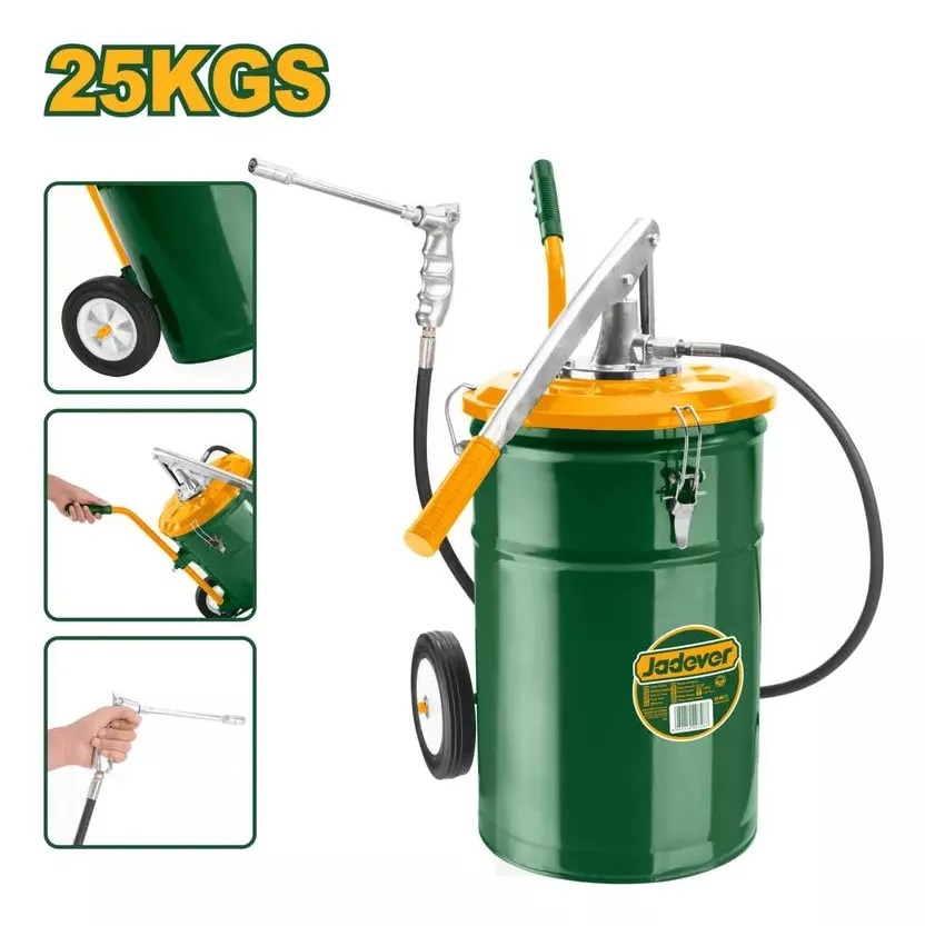 foto del prodotto ingrassatore manuale pneumatico con fusto da 25kg in acciaio e ruote, compressore a leva per grasso, pistola ingrassatri