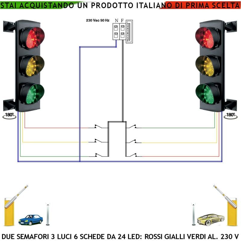 foto del prodotto ingresso controllato semaforo 3 luci led 3 schede da 24 led rossi 24 led gialli 24 led verdi alimentazione 230 v 50 hz 3 w ip65 semafori orientabili