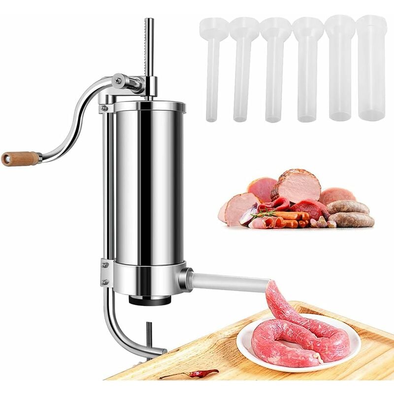foto del prodotto insaccatrice manuale per salsiccia in acciaio inox, macchina di produzione di salsiccia con tubi di diversi diametri, fissaggio al piano di lavoro