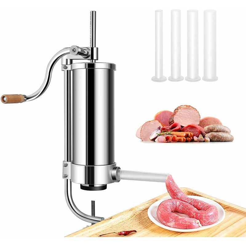 foto del prodotto insaccatrice manuale per salsiccia in acciaio inox, macchina di produzione di salsiccia con tubi di diversi diametri, fissaggio al piano di lavoro