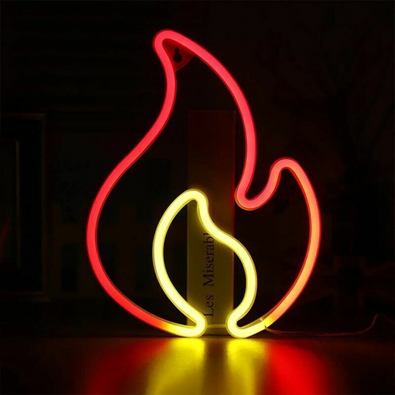foto del prodotto insegna al neon a forma di fiamma, luce al neon a forma di fiamma rossa e gialla con interruttore on off, insegna luminosa a led a forma di fiamma