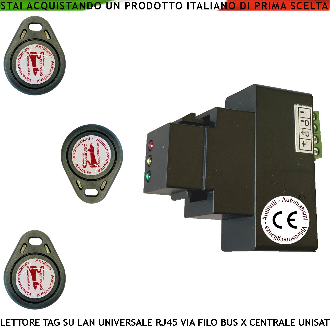 foto del prodotto inseritore lettore 3 trasponder comandi centrale unisat2 rj45 universale di qualsiasi marca e tipo 3 led giallo verde e rosso segnalano lo stato antifurto colegamento bus attivazione parziale totale