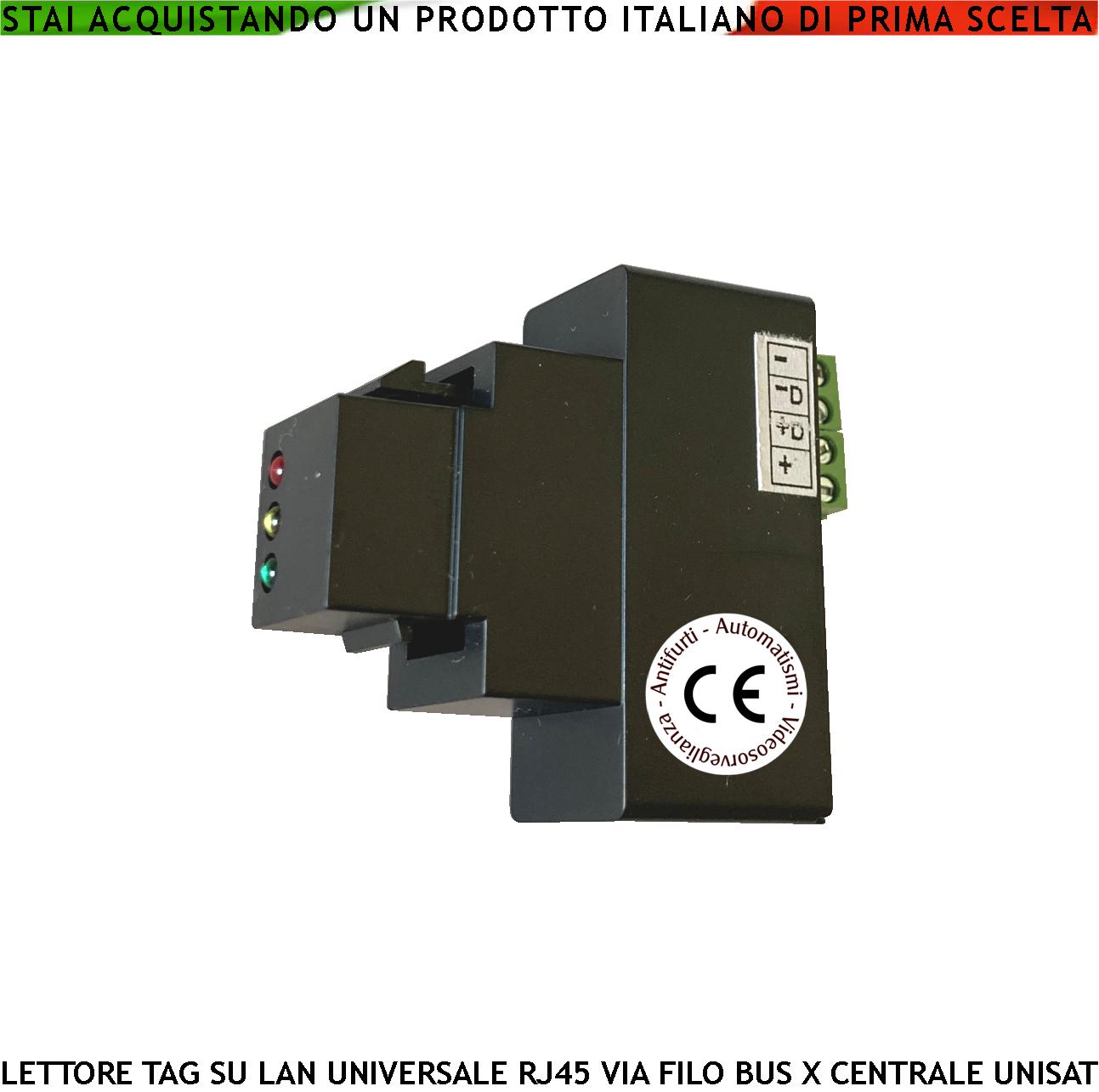 foto del prodotto inseritore lettore trasponder per comandi centrale unisat2 rj45 universale di qualsiasi marca e tipo 3 led giallo verde e rosso segnalano lo stato antifurto colegamento bus attivazione parziale totale