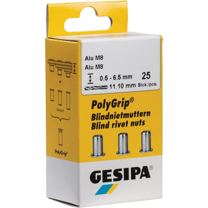 foto del prodotto inserti filettati a rivetto polygrip lunghezza 11x20mm m8 sta 25 pezzi