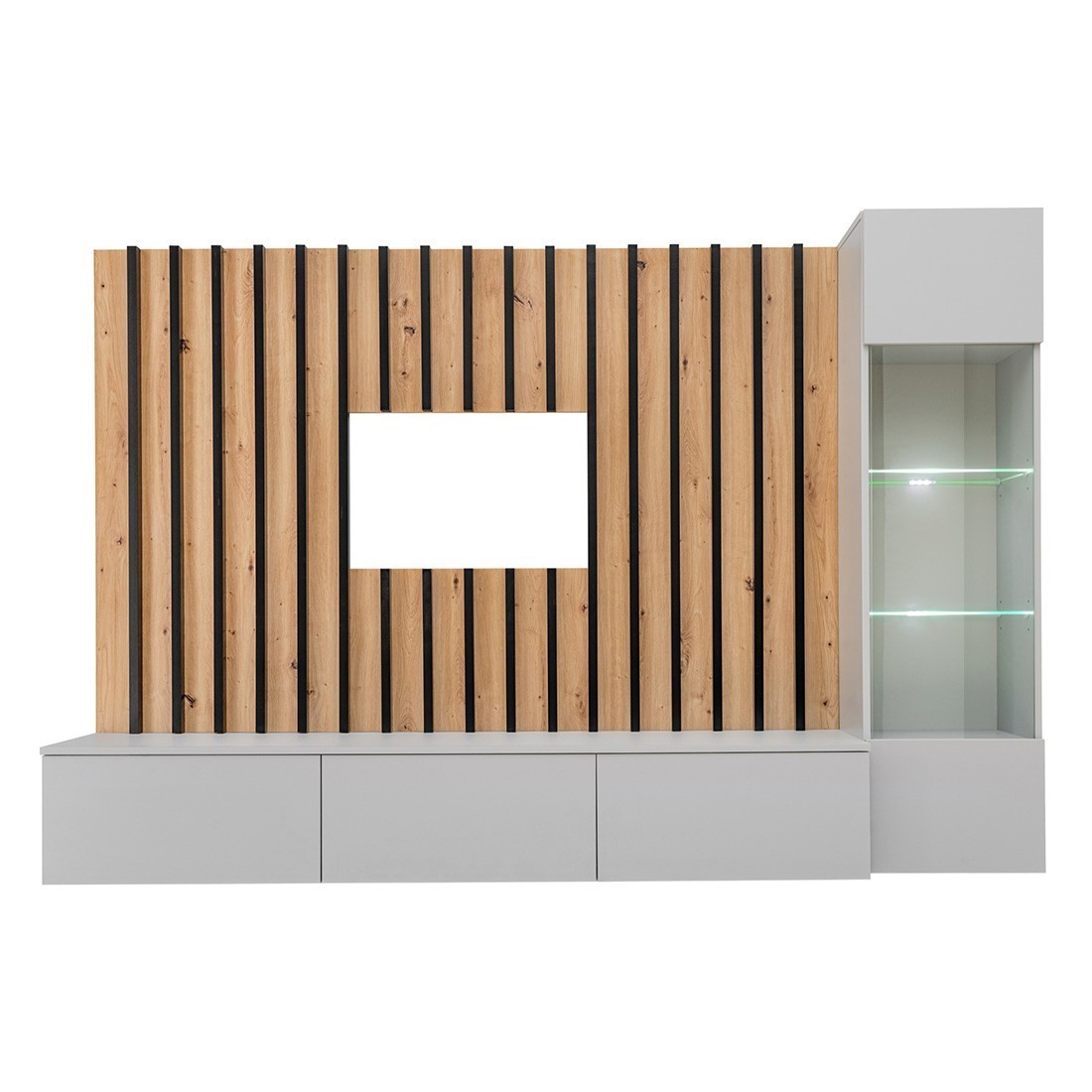 foto del prodotto insieme di mobili da soggiorno sospesi collezione tashya pannello decorativo da parete rovere, grigio perla e nero
