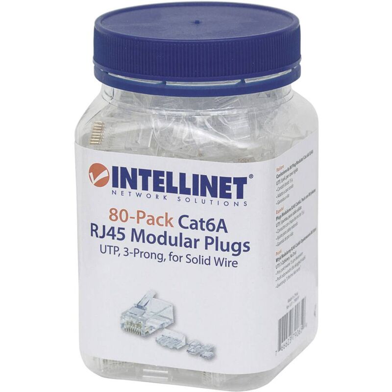 foto del prodotto intellinet 80pz. cat6a connettore modulare rj45 utp 3 punti contatto cavo per cavo pieno 80 spina nel bicchi