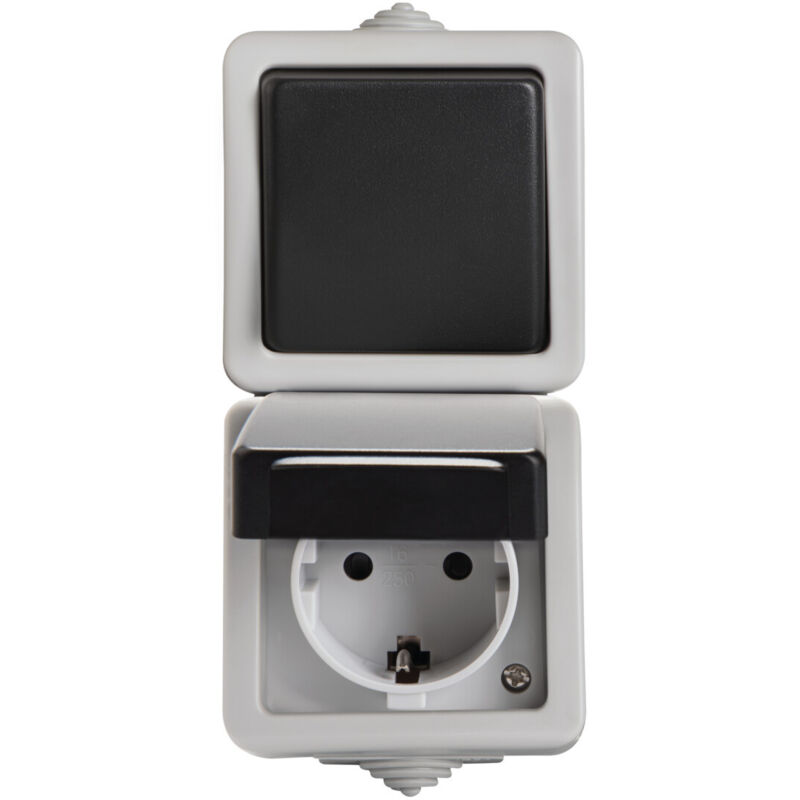 foto del prodotto interruttore 1 avanti e indietro presa schuko verticale ip54 grigio sicurezza per bambini