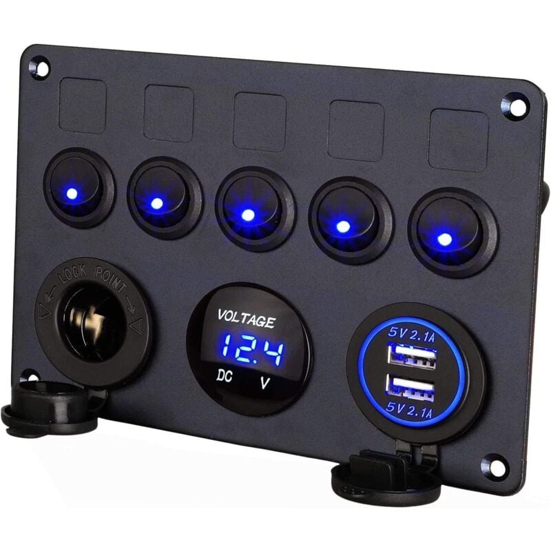 foto del prodotto interruttore a bilanciere di accensione marino impermeabile a 5 bande con voltmetro digitale, doppia presa accendisigari e caricabatterie usb