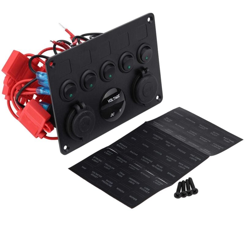 foto del prodotto interruttore a levetta, pannello interruttori a levetta on off a 5 bande da 12 24 v con doppio voltmetro usb per auto, barca, camion marino luce