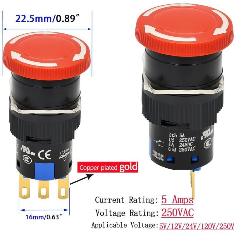 foto del prodotto interruttore a pulsante di arresto di emergenza a fungo rosso, 16 mm, 5 amp, spdt, aggancio, foro da 5 8' con piccola copertura protettiva