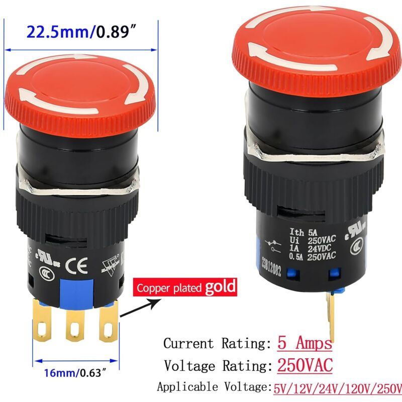 foto del prodotto interruttore a pulsante di arresto di emergenza a fungo rosso, 16 mm, 5 amp, spdt, aggancio, foro da 5 8 con piccola copertura protettiva