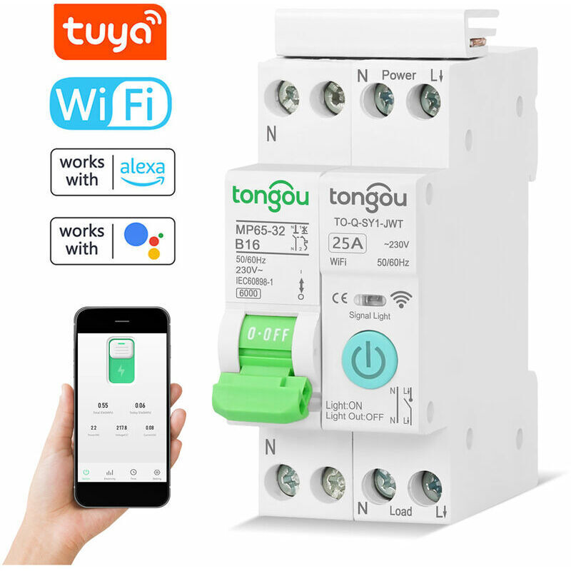 foto del prodotto interruttore automatico intelligente tuya wi fi con telecomando wireless, app per cellulare, display per dispositivi domestici intelligenti, timer,