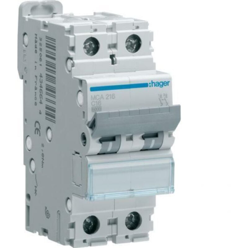 foto del prodotto interruttore automatico magnetotermico 2 poli 16 a 6 ka curva c 2 m. din hager mca216