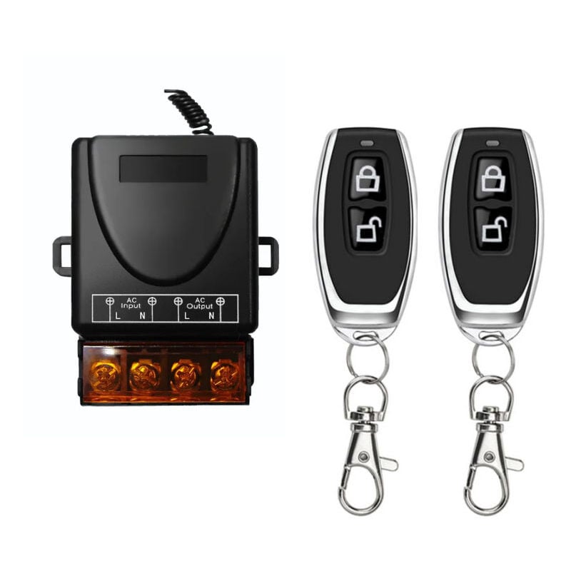 foto del prodotto interruttore di controllo remoto wireless 433 mhz, interruttore radio dc 12 v, 24 v, 36 v, 48 v, 12 v-75 v, 40 a, ricevitore e 2 trasmettitori,