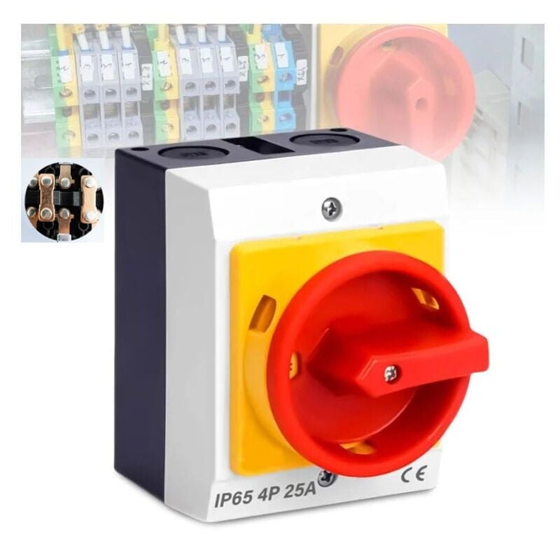 foto del prodotto interruttore di disconnessione rotativo 25a - 4 p in scatola, montaggio a pannello, interruttore rotativo per il collegamento di interruttori e la