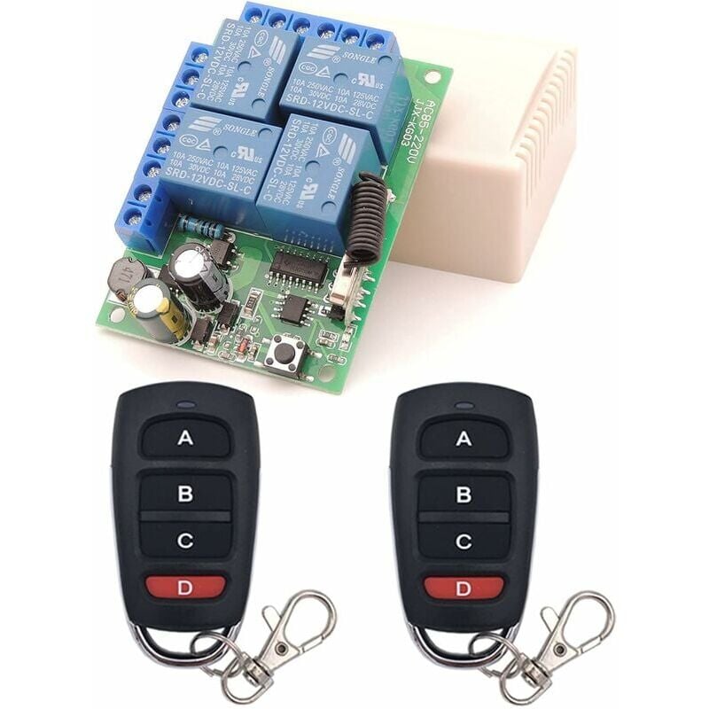 foto del prodotto interruttore di telecomando universale, ricevitore rel rf ac 230v 220v 10a 4ch 433mhz con 2 trasmissioni per parola, porta del garage, luce, tenda