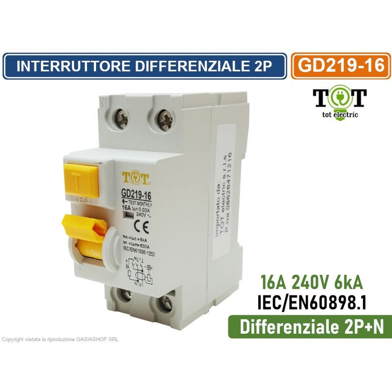foto del prodotto interruttore differenziale 16a per barra din 2 moduli 2p n 240v 6ka sensibilita 30ma