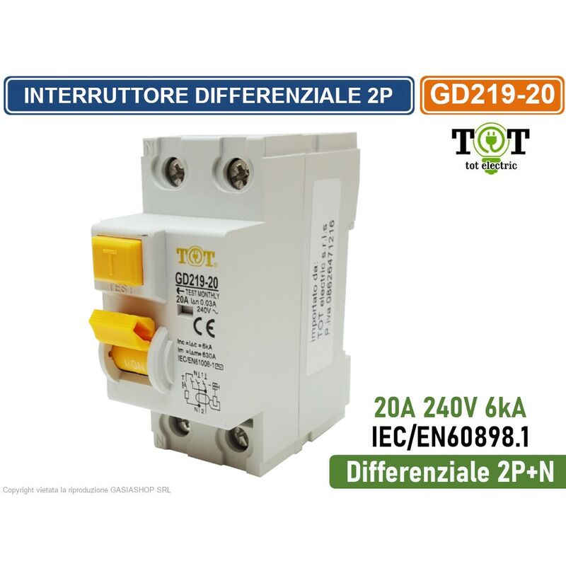 foto del prodotto interruttore differenziale 20a per barra din 2 moduli 2p n 240v 6ka sensibilita 30ma