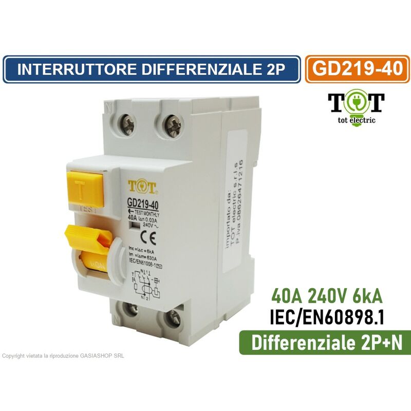 foto del prodotto interruttore differenziale 40a per barra din 2 moduli 2p n 240v 6ka sensibilita 30ma