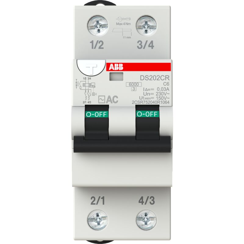 foto del prodotto interruttore differenziale magnetotermico 6ka 2p ac c6 30ma abb ds202cr c6 ac30