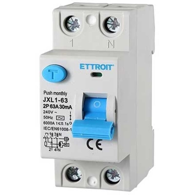foto del prodotto interruttore differenziale puro ettroit 2p 63a 6ka 30ma 220v life saver 2 moduli din jx326361