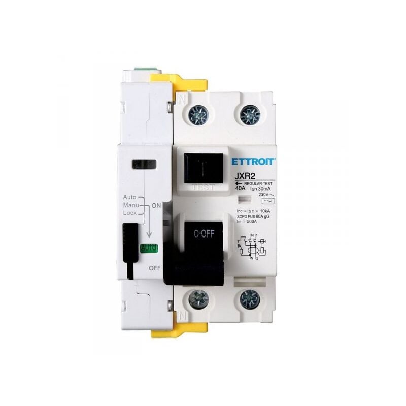 foto del prodotto interruttore differenziale riarmo automatico su guida din 2p 40a 230v 30ma 10ka salvavita stop go auto riarmabile