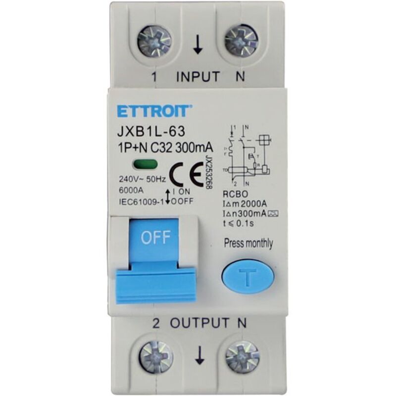 foto del prodotto interruttore magnetotermico differenziale 1p n, 2 moduli, 230vac, 32a, 300ma, 6ka, classe a - ettroit jx253268