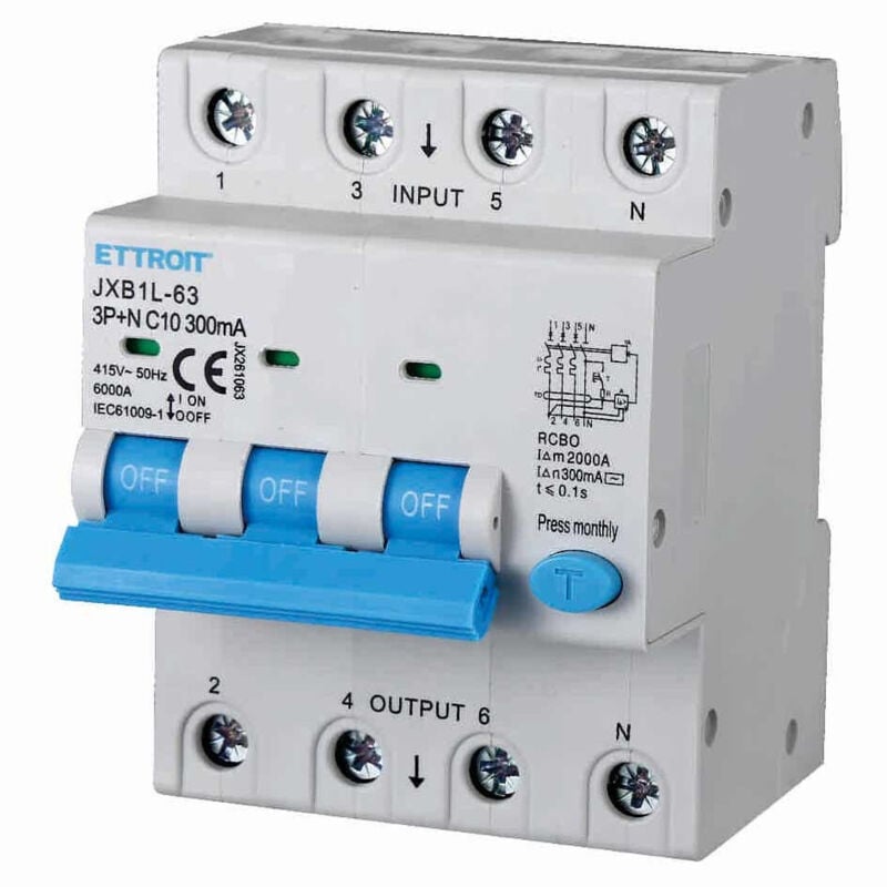 foto del prodotto interruttore magnetotermico differenziale 3p+n 10a 6ka 300ma 380v occupa 4 moduli din - ettroit
